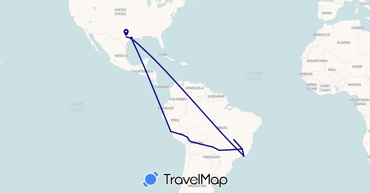 TravelMap itinerary: driving in Bolivia, Brazil, Peru, United States (North America, South America)